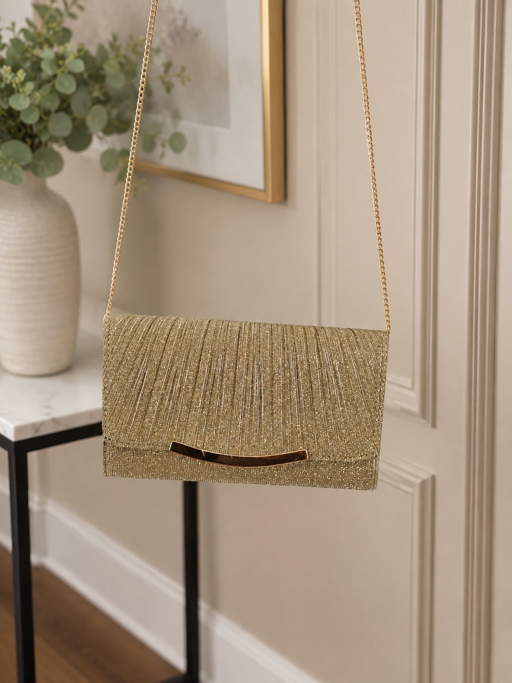 Gold Evening Clutch with Chain Strap